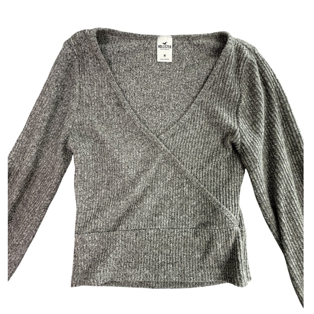 Hollister Women's Grey Ribbed Surplice Long Sleeve Crop‎ Top Size Medium Y2K